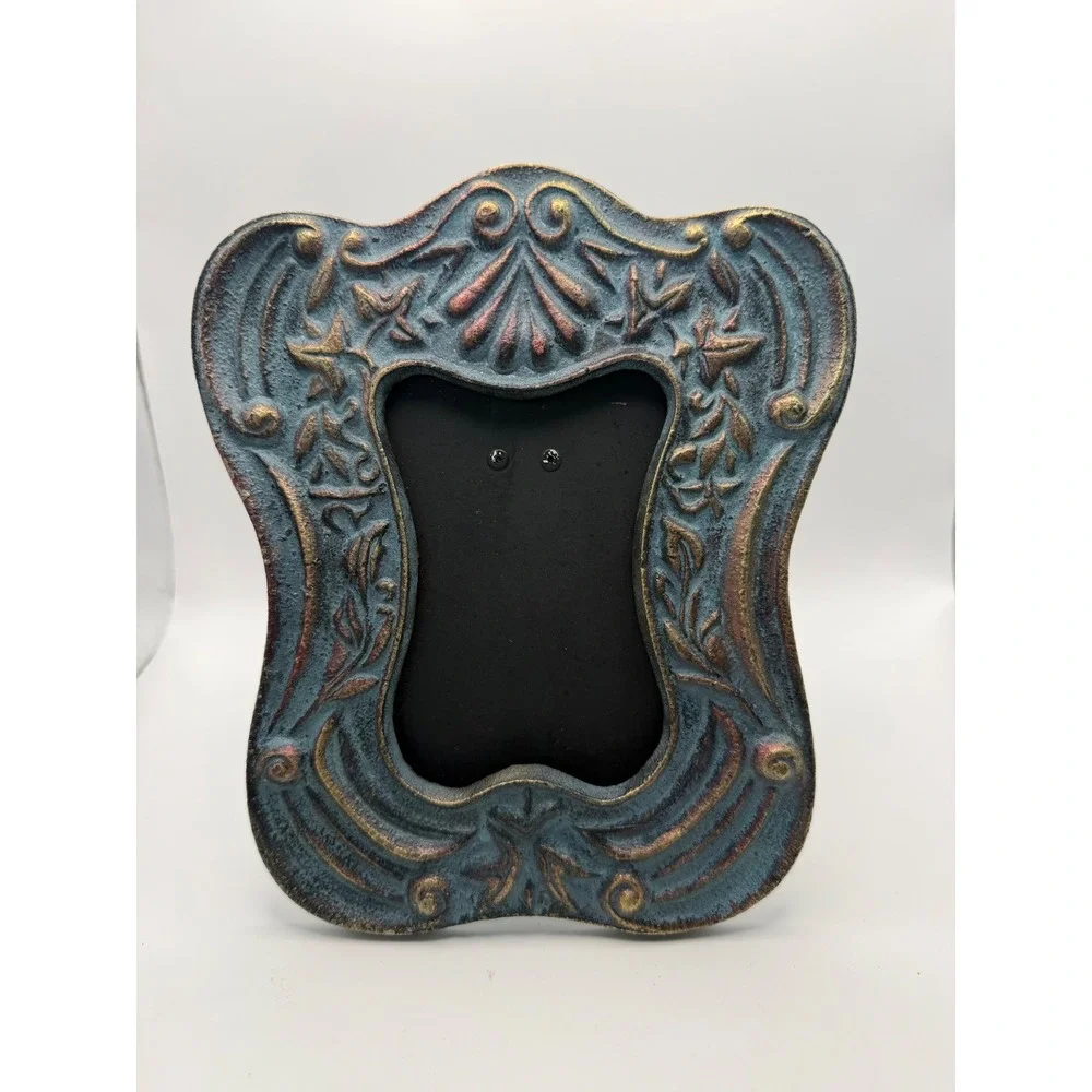 Vintage Ornate Cast Metal Verdigris Picture Frame Gold Patina Scrollwork